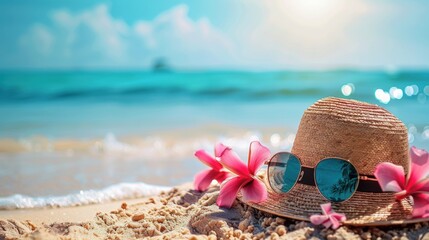 A picturesque setting of a straw hat and sunglasses on the beach surrounded by frangipani flowers evokes feelings of escape