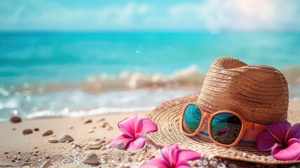 A calming beachside image featuring a straw hat adorned with sunglasses among pink flowers, capturing the essence of peaceful vacations