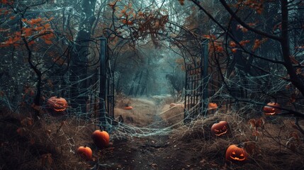 An abandoned, cobweb-covered gate leading into a haunted forest, with creepy pumpkins guiding the path through the thicket of dead trees. - 795472566