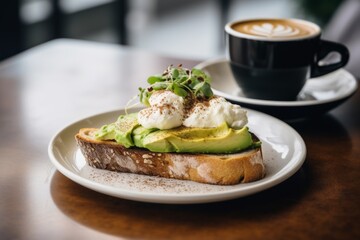 Avocado toast with poached eggs and microgreens on a plate. Close-up photo with a cup of cappuccino in a cafe setting. Healthy breakfast and coffee concept for design and print.