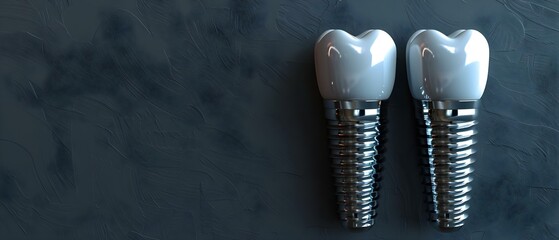 Closeup 3D image of dental implant screws for two teeth. Concept Dental Implant Screws, Closeup Image, 3D Rendering, Two Teeth, Dental Surgery