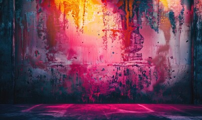 An abstract, colorful painted wall with vibrant pink and blue lighting on the floor