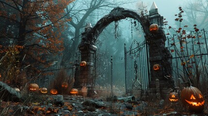 An abandoned, cobweb-covered gate leading into a haunted forest, with creepy pumpkins guiding the path through the thicket of dead trees. - 795472934