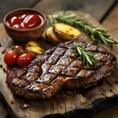 Fotobehang Delicious piece of ribeye or sirloin tender grilled steak with extras On wooden table © rainmind