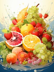 Fruit mix of apples and kiwi, ripe grapes and water drops. Concept: assorted products to demonstrate freshness and variety, healthy food with vitamins