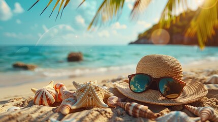 A relaxing image of a straw hat and sunglasses set upon a beach, capturing the tranquility of a seaside escape
