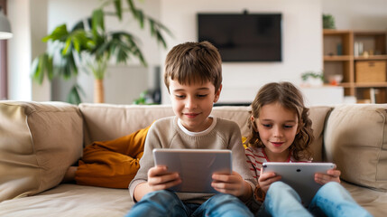 Two children focused on tablets while sitting on a sofa