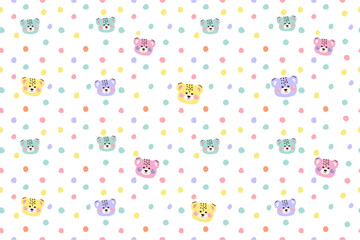 Seamless pattern on white background with cute handwtitten doodle kawaii bears in turquoise, pink, yellow, purple color. Face, head of bear with polka dots for nursery, print or textile for kids