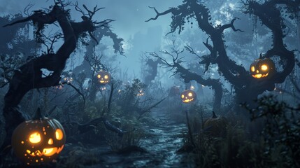 An eerie clearing in a haunted forest, where an array of pumpkins with malevolent grins illuminate the gnarled branches of lifeless trees. - 795473582