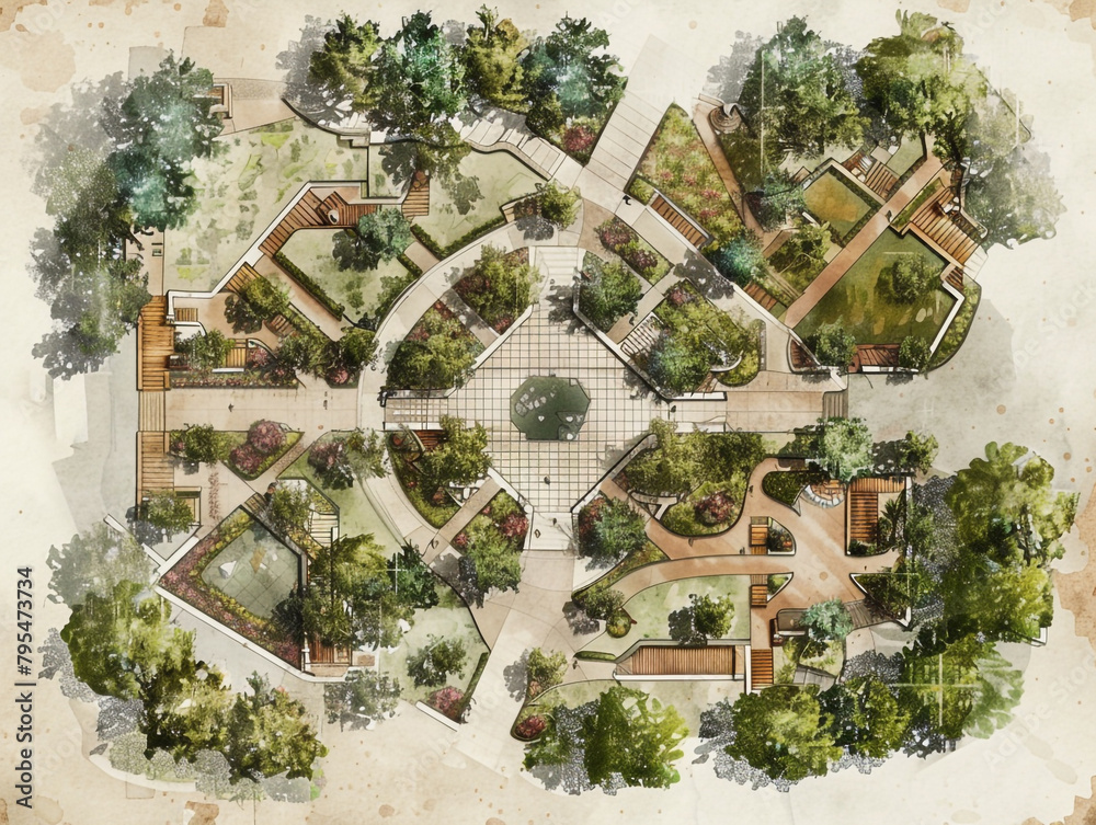 Wall mural an old sketch-style landscape plan for an urban park featuring two main entrances leading into disti