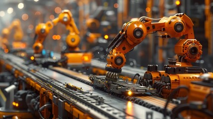 Elegant depiction of an assembly line robotics system, showing the beauty of precision and automation.