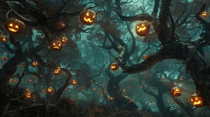 An eerie clearing in a haunted forest, where an array of pumpkins with malevolent grins illuminate the gnarled branches of lifeless trees. - 795474130