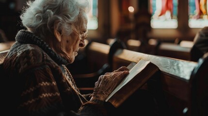 An elderly person seated in a church pew, deeply absorbed in prayer, with their hands resting on a well-worn Bible, embodying years of faith.