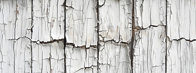 Textured detail of a weathered white painted wood surface with cracks, showing effects of time and weather; Concept of aging, texture, and material wear
