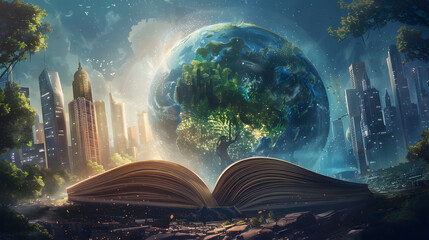 An open book with an earth globe on top. Surrounded by trees and buildings with fantasy style. Teachers day. Back to school. Student day