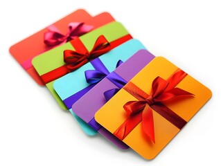Colorful Wrapped Gift Cards with Vibrant Bows Displayed on White Background