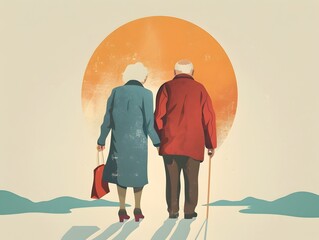Elderly Couple Embarking on a Sunset Journey Toward a Supportive Future
