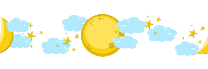 Seamless banner with moon, moon, stars among clouds on white background.  © Ольга Онега