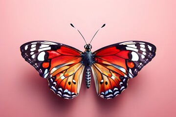 A butterfly with orange wings is sitting on a pink background - Powered by Adobe