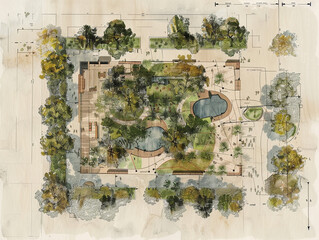 An old sketch-style landscape plan for an urban park featuring two main entrances leading into distinct squares from different points. The park is designed on a rectangular plot surrounded by lush pla