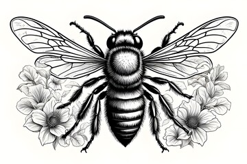 A black and white drawing of a bee with a flower in the background