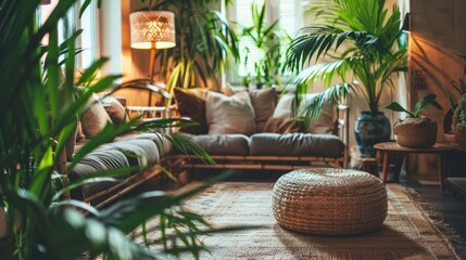 Cozy living room adorned with energy-efficient LED lighting, houseplants and sustainable bamboo furniture