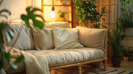 Cozy living room adorned with energy-efficient LED lighting, houseplants and sustainable bamboo furniture