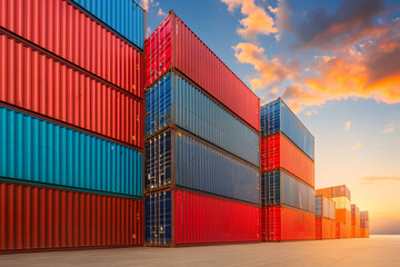 Stack of Containers Cargo Ship Import/Export in Harbor Port.