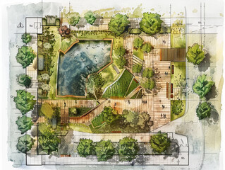 An old sketch-style landscape plan for an urban park featuring two main entrances leading into distinct squares from different points. The park is designed on a rectangular plot surrounded by lush pla