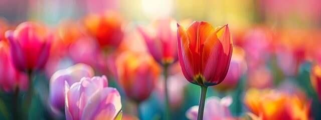 Fototapeta premium Field of Multicolored Tulips at Sunrise: A field of multicolored tulips in Goland captured at sunrise, with light accentuating the delicate textures and colors of the flowers.