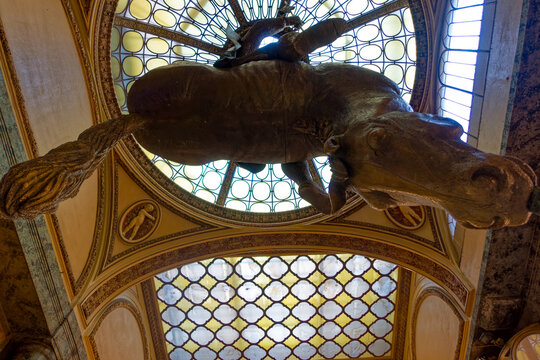 Statue of King Wenceslas Riding and upside-down dead horse by artist David Cerny at Lucerne Palace at the old town of Czech City of Prague. Photo taken October 11th, 2023, Prague, Czech Republic.