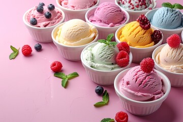 Relish the creamy texture of a pistachio flavor treat collection, designed with vanilla and flavors elements, set in a summer dessert environment, perfect for a scoopful delight.