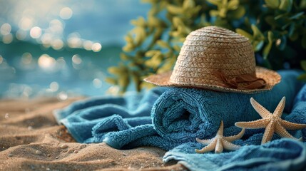 Straw Hat and Blue Scarf with Summer Vibes