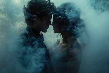 Two ethereal figures lost in a dance, surrounded by a dreamy, surreal smoke, showcasing elegance and mystery