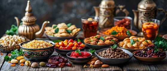 Ramadan-themed food and mosque background featuring traditional sweets, dates, and coffee. Concept Ramadan Cuisine, Traditional Sweets, Dates, Mosque Background, Arabian Coffee