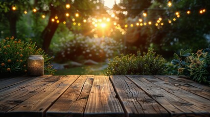 Rustic Wooden Table with Festive Garden Lights