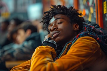 A young individual with a head resting on hand, deeply asleep on a public bus with blurred passengers