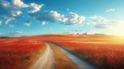 Winding Road Through a Field of Red Poppies.