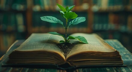 Close-up of a plant growing from a book, knowledge and growth, blurred library