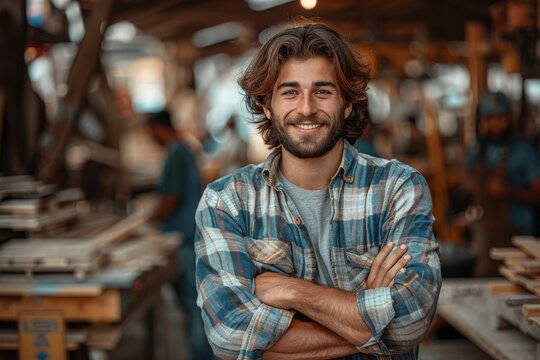 Confident young man with curly hair and a plaid shirt stands with arms crossed in a workshop