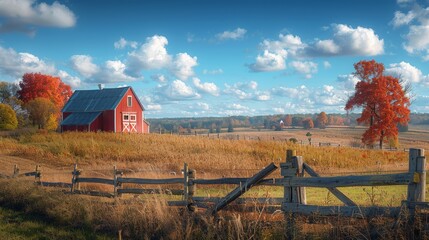 Autumn Harmony: Red Barn in Open Field