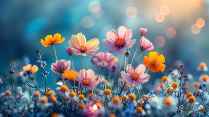 Fototapeta na wymiar Colorful Cosmos Flowers with Sunlit Bokeh