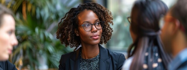 Young African American woman wearing glasses, attentively listening during a business meeting in a modern office. Concept of professionalism, business, and focus.