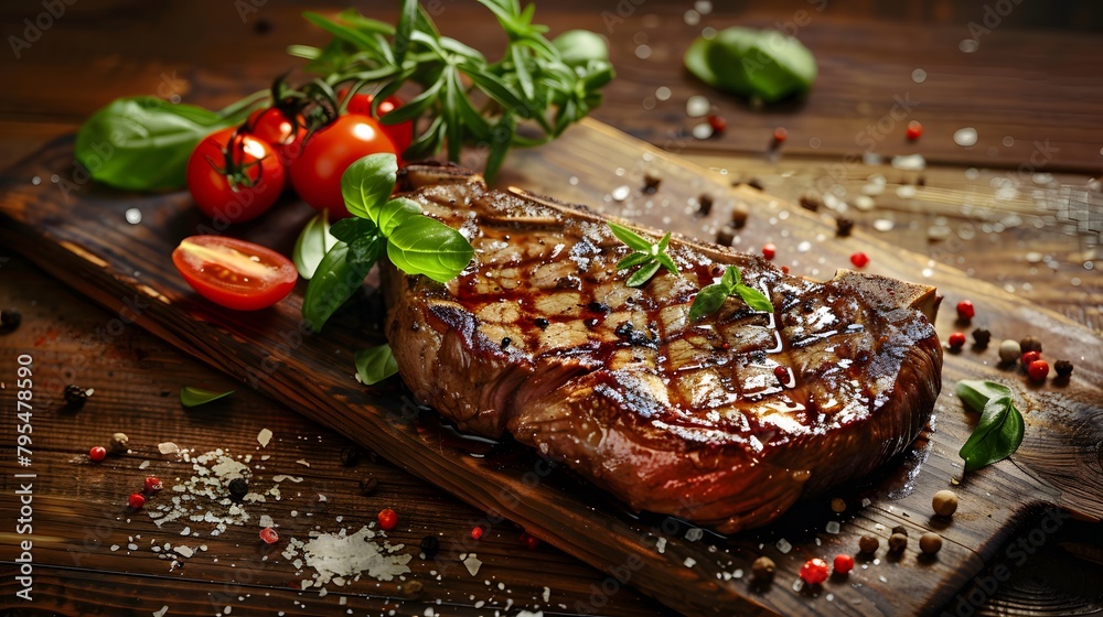 Wall mural delicious piece of ribeye or sirloin tender grilled steak with extras on wooden table