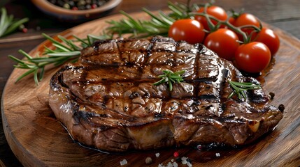 Delicious piece of ribeye or sirloin tender grilled steak with extras On wooden table