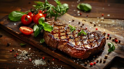 Delicious piece of ribeye or sirloin tender grilled steak with extras On wooden table - obrazy, fototapety, plakaty
