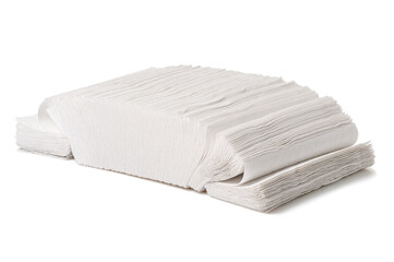 Paper towel piles isolated on a white background with a clipping path. Hygiene, health care, and safety concepts.