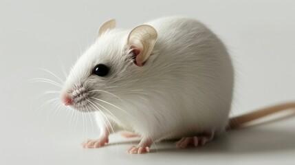 Close-up of a white lab mouse on a plain background, showcasing detail and texture.