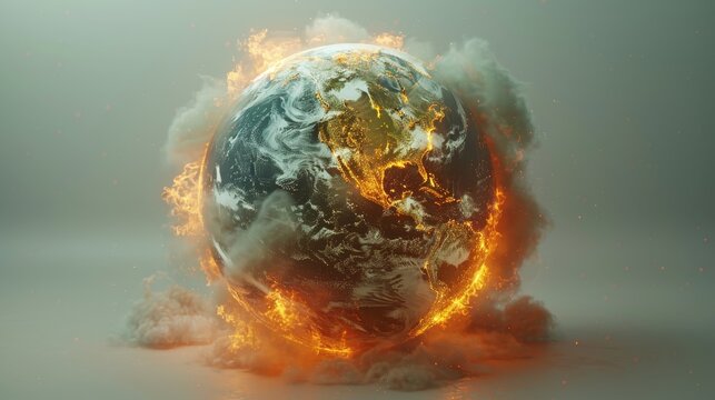 Flames engulf a D Earth on a gray background symbolizing the urgent issue of global warming, Generated by AI