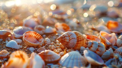 Shells scattered on sandy shore
